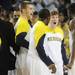 Michigan junior Matt Vogrich greets teammate sophomore Tim Hardaway Jr. as he exits the floor for a time out in the second half against Northwestern at Crisler Center on Wedensday. Melanie Maxwell I AnnArbor.com